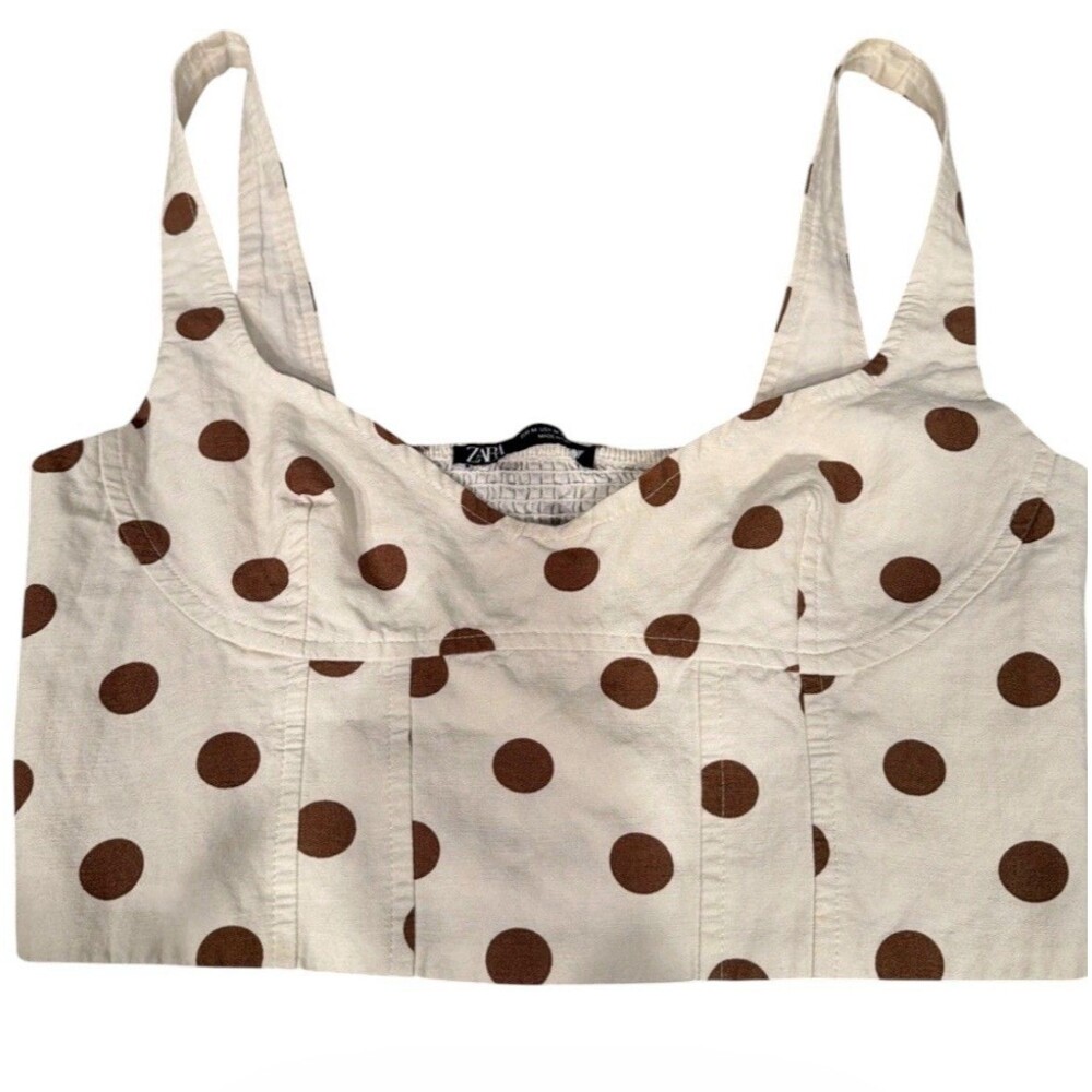 Zara Ivory Crop Bustier Top With Brown Polka Dots M